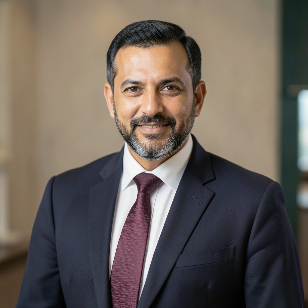 Soft-focus portrait of a man in a dark suit against a neutral beige background, conveying a calm and dignified tone.